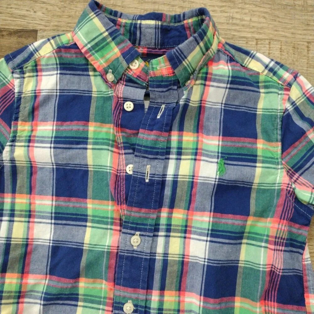 Ralph‎ Lauren boy's madras plaid button front short sleeve shirt Sz 4